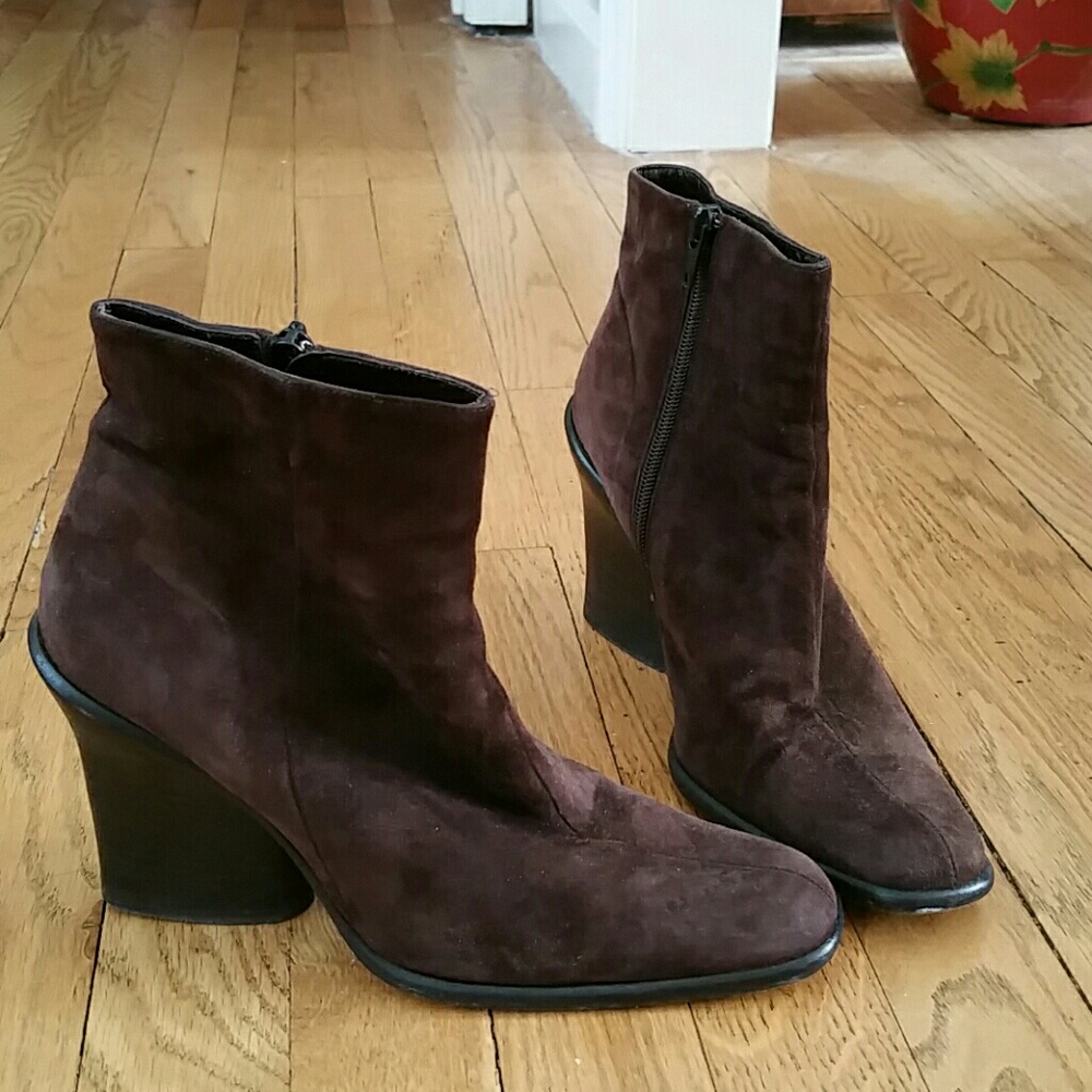 DKNY Dark Brown Suede Ankle Booties with Sculpted Block Heel